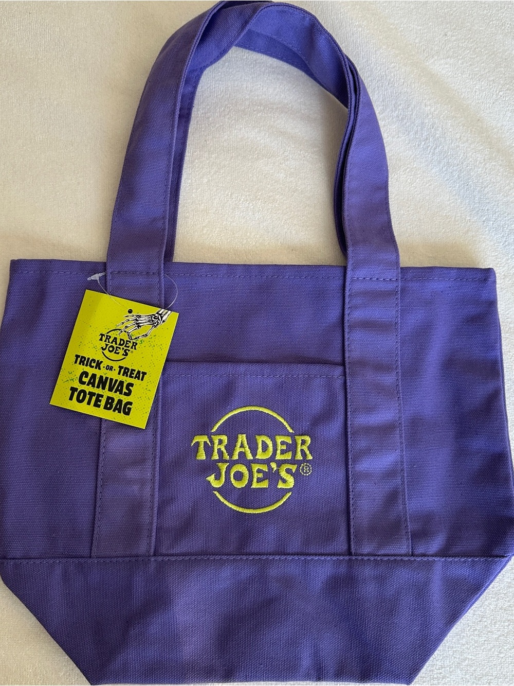 Trader Joe's Purple Canvas Tote Bag with Yellow Logo